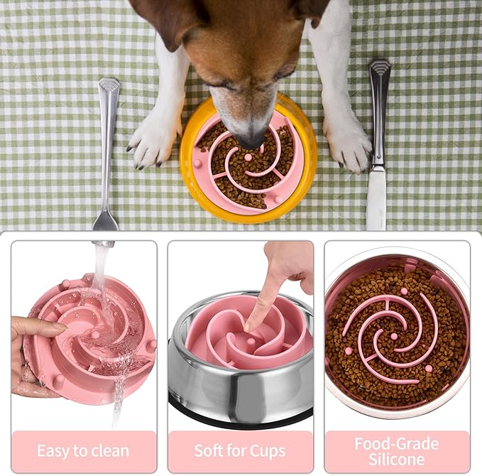 Slow Feeder Dog Bowls Insert, Bestalk Soft Silicone Slow Eating Feeder Insert with Suction Cups for Small, Medium and Large Dogs, Fit into Basic and Elevated Dog Bowls, Pink