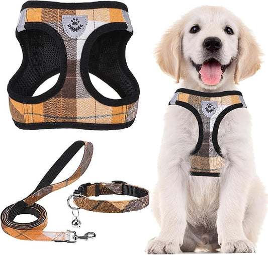 PUPTECK Adjustable Dog Harness Collar and Leash Set Step in No Pull Pet Harness for Small Medium Dogs Puppy and Cats Outdoor Walking Running, Soft Mesh Padded Reflective Vest Harnesses, Orange M