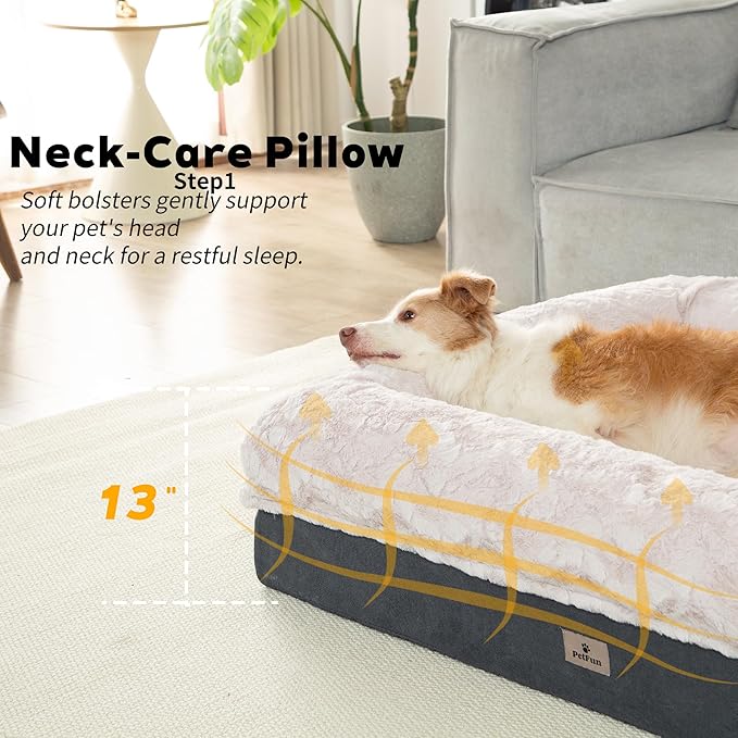 Giant Memory Foam Human Dog Bed for Adults People Fits Pet Families Extra Large Orthopedic Dog Beds with Sides, Washable Bolster Pet Bed Couch with Removable Cover, 70x50x13 Inch, Beige