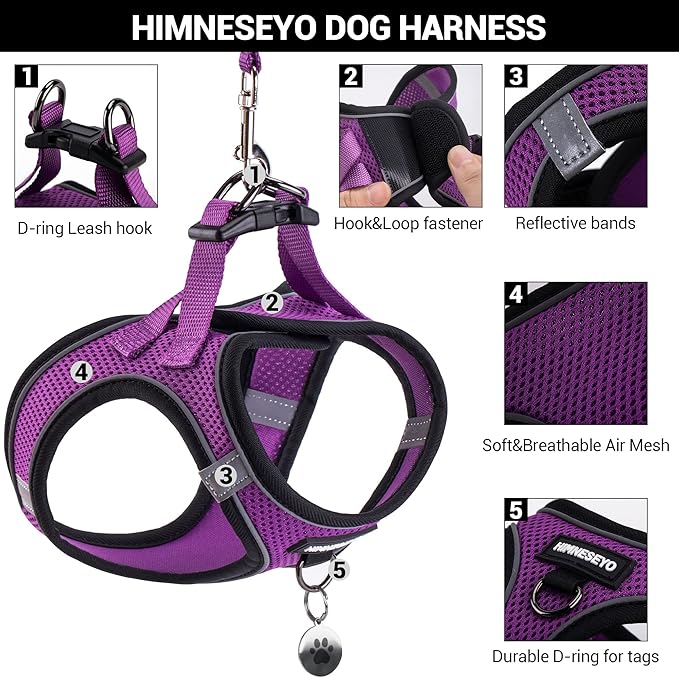 Dog Harness and Leash Set, Dog Harness for Dogs No Pull, No-Chock Step-in Reflective Breathable Lightweight Easy Walk Vest Harnesses with Safety Buckle for Small Medium Dogs, Cats (Purple, XL)