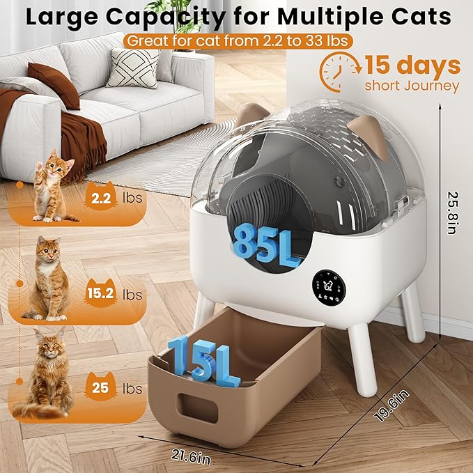 Bashaw Self Cleaning Litter Box, Large Capacity Automatic Litter Box for Multiple Cat, App-Controlled with Odor Removal & Safety Protection (White)