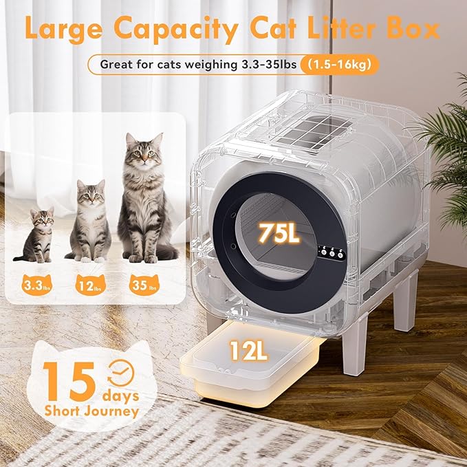 Automatic Cat Litter Box Self Cleaning with App Control, 75l Large Cat Litter Box for Multi-Cat Homes, Infrared Sensing & Weight Sensors, Easy Cleaning, Odor Eliminator, Trash Bags, Black