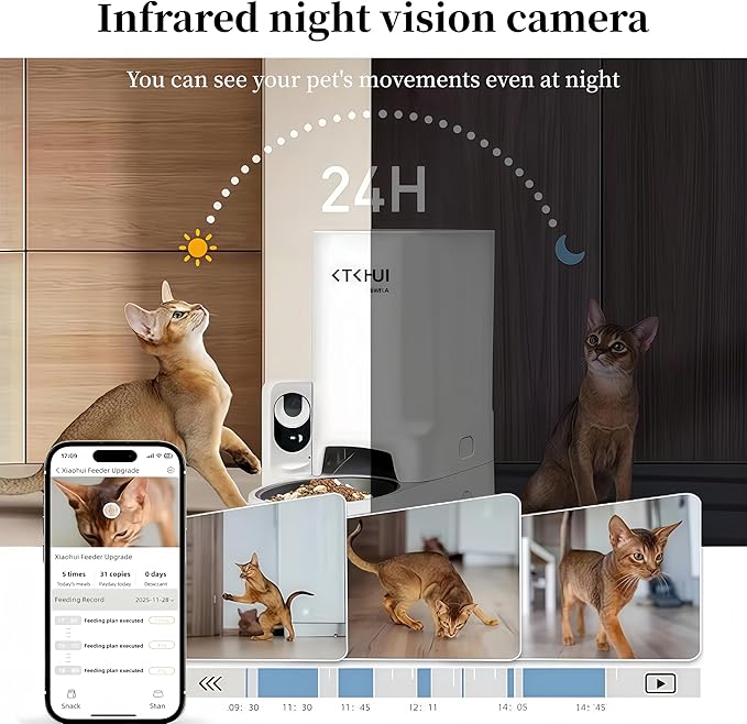Automatic Cat Feeder with Camera, 1080P HD Video with Night Vision, Scheduled Automatic Pet Feeder, Separated Design Wide Grain Path with 2-Way Audio ＆ Feeding Call Function for Cat & Small Dog