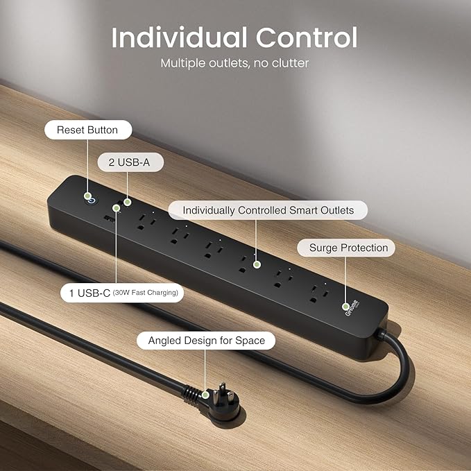 GHome Smart Plug Power Strip with 6 Smart Outlets & 3 USB Ports (30W Fast Charge, 2A1C), WiFi Surge Protector Works with Alexa & Google Home, Energy Monitoring, 2.4GHz Only, No Hub Required, Black
