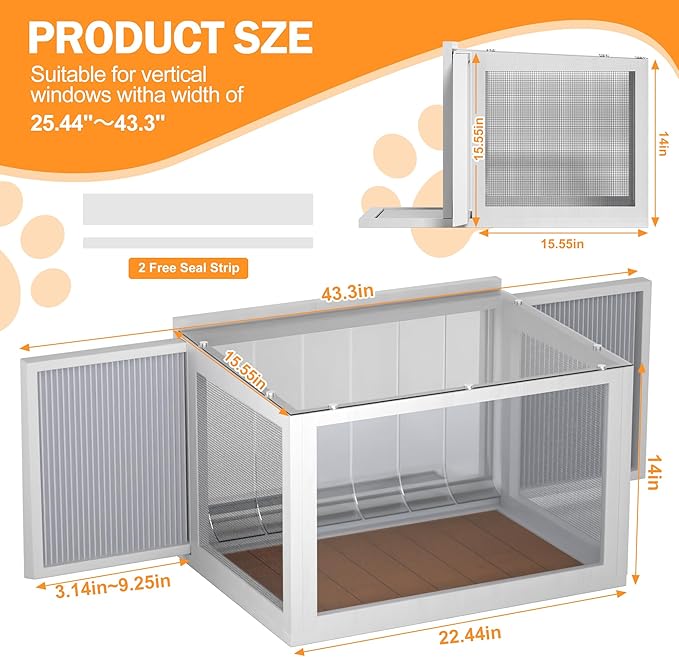 Cat Window Box Catio, Outdoor Indoor Cat Enclosure with Clear Panels, Mesh Sides & PVC Curtain, Universal Window Perch for Windows 25"–43", Window Catio for Sunbathing, Napping & Overlooking,Walnut