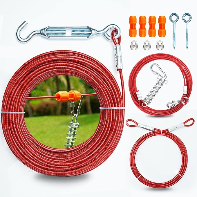 Heavy Duty Aerial Dog Tie Out Trolley System for Small to Large Dogs - Dog Run Cable 100ft /75ft Zipline with 10ft Runner Cable Great for Yard Camping Outdoor (Red, 100 ft for Two Dogs up to 300 lbs)