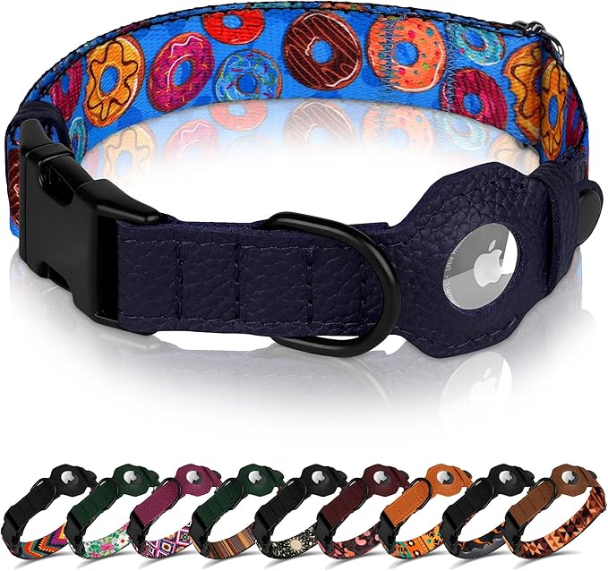 AirTag Dog Collar with Metal Buckle - Printed Nylon Soft Leather Dog Collar with Apple AirTag Holder - Secure Tracking GPS Pet Collars for Girl Boy Small Large Dogs (XS, 9"-12" Neck Fit, Donuts)