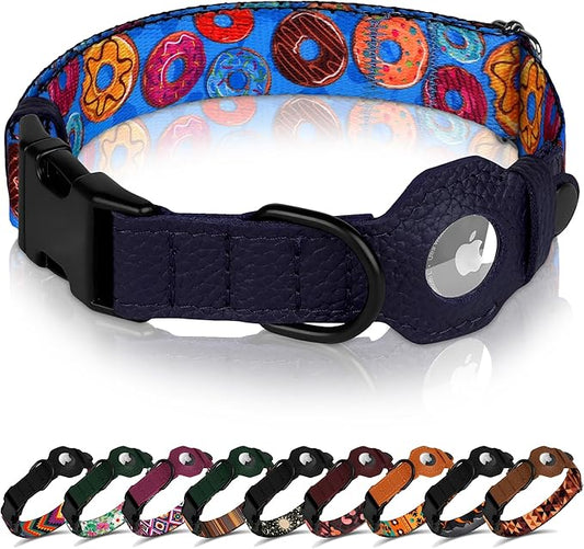 AirTag Dog Collar with Metal Buckle - Printed Nylon Soft Leather Dog Collar with Apple AirTag Holder - Secure Tracking GPS Pet Collars for Girl Boy Small Large Dogs (XS, 9"-12" Neck Fit, Donuts)