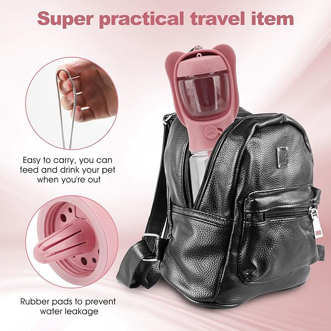 Portable Dogs Water Bottle with Food Storage Container, Leakproof Drinking Water Dispenser Feeder for Outdoor Dog Stuff Accessories Items for Cats, Puppy,for Walking, Hiking (Pink, 550ml)