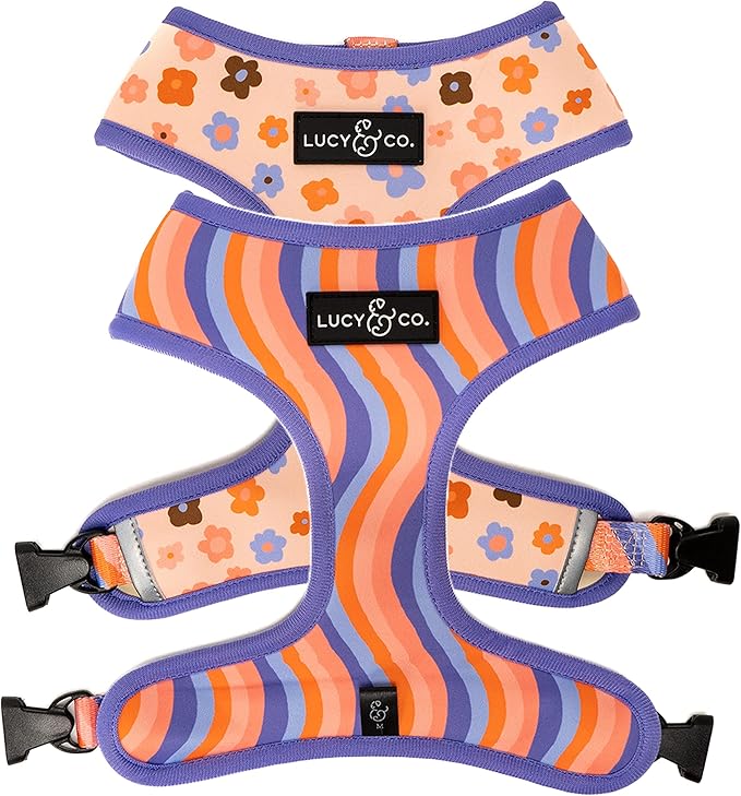 Lucy & Co. Purple with Coral Floral Wave, Cute Reversible Dog Harness Walking Halter - Best Designer Pet Harnesses for XS - XL Dogs - Padded Adjustable Vest for Easy Walking (X-Small)