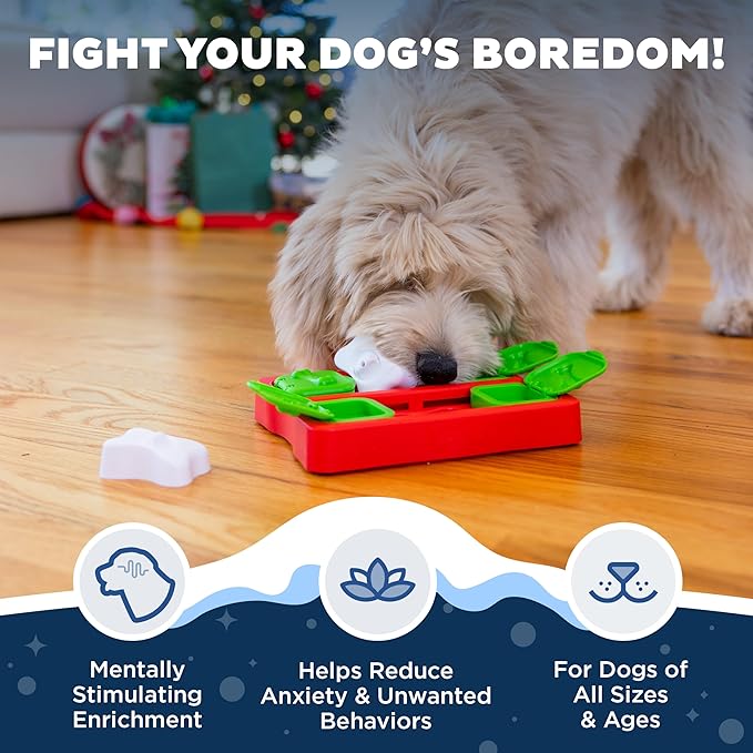 Outward Hound by Nina Ottosson Holiday Dog Brick Treat Puzzle Dog Toy, Level 2 Intermediate, Red, Small