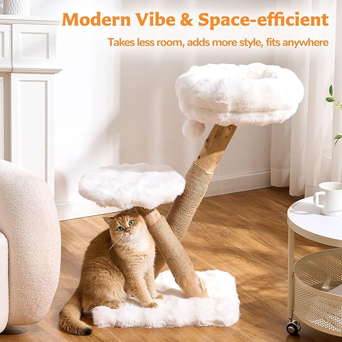 Cat Tree Modern Sturdy Solid Wood Cat Tower for Large Cat with Scratching Post for Indoor, Multifunctional Cat Tower with Cozy Bed and Platforms