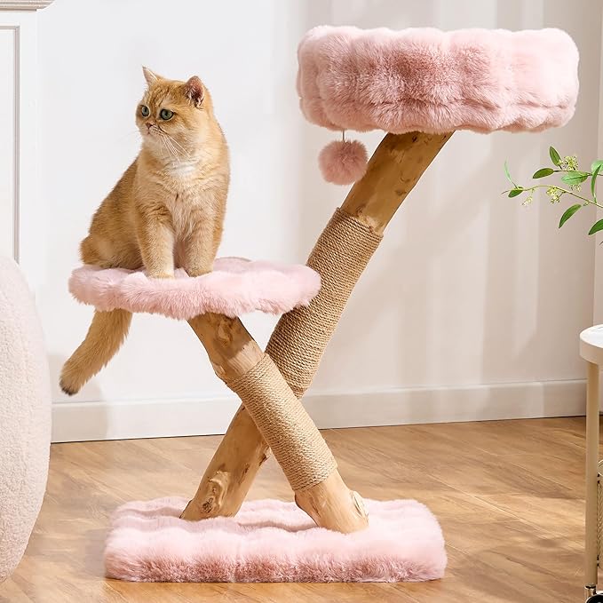 Natural Wood Cat Tree for Indoor Cats Adults, 33in Modern Cat Tree Tower with Super Soft Plush Cat Bed & Perch, Sisal Scratching Posts and Hanging Plush Ball, Sakura Pink