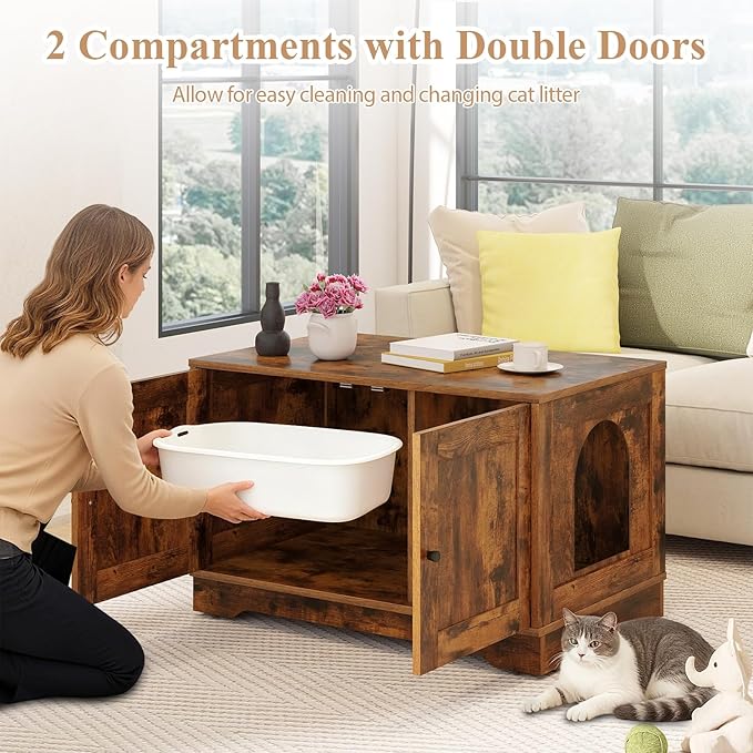 Tangkula Cat Litter Box Enclosure, Wooden Kitty Washroom Cabinet w/Winding Entry & Cat Hole, with Divider, Hidden Double Enclosed Litter Box Furniture for Living Room, Bedroom, Entryway (Rustic Brown)