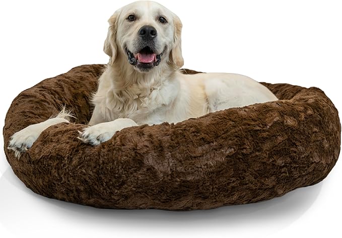 Best Friends by Sheri The Original Calming Donut Dog Bed – Washable Plush Pet Bed for Large Breeds up to 100 lbs, Lux Faux Fur, Dark Brown, Large (36" x 36")