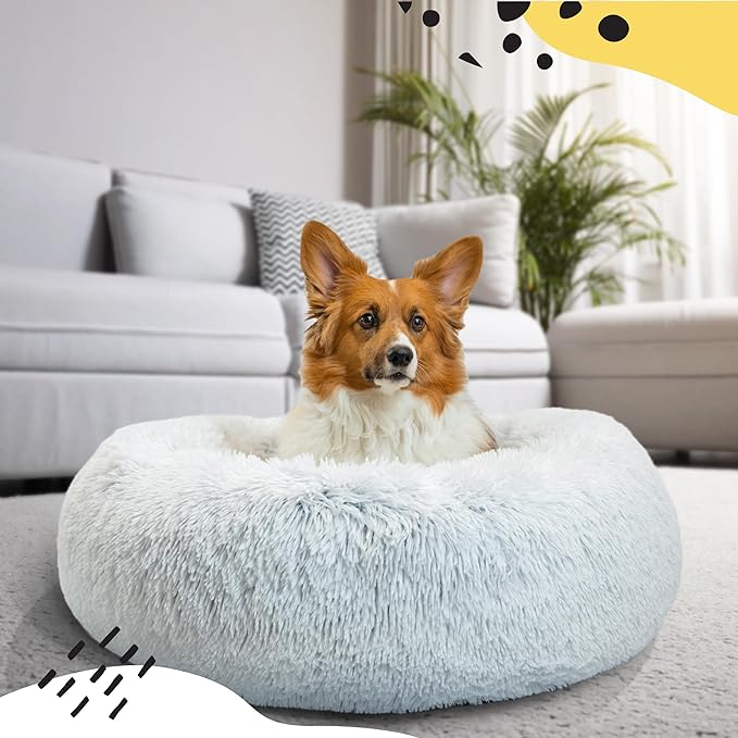 Best Friends by Sheri The Original Calming Donut Dog Bed – Washable Plush Pet Bed for Medium Breeds up to 45 lbs, Shag Faux Fur, Frost Gray, Medium (30" x 30")