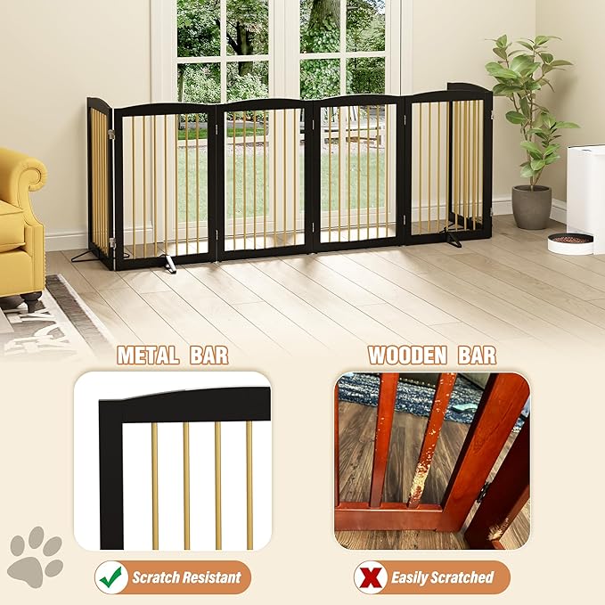 Freestanding Pet Gate for Dogs, Indoor Wooden Dog Gate for House, Extra Wide Foldable Dog Gate for Stair, Doorway, Hall, Support Feet Included, 120 Inch Wide, 6 Panels 32",Black&Gold