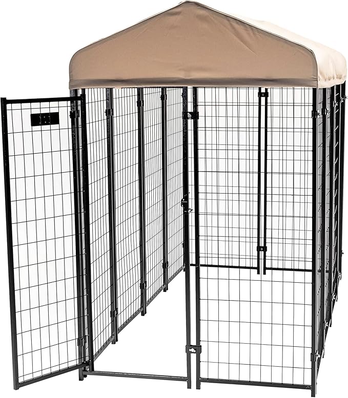 Lucky Dog Stay Series 4 x 8 Feet Villa Black Powder Coat Steel Frame Large Outdoor Dog Kennel with Waterproof Canopy Roof and Single Gate Door, Khaki