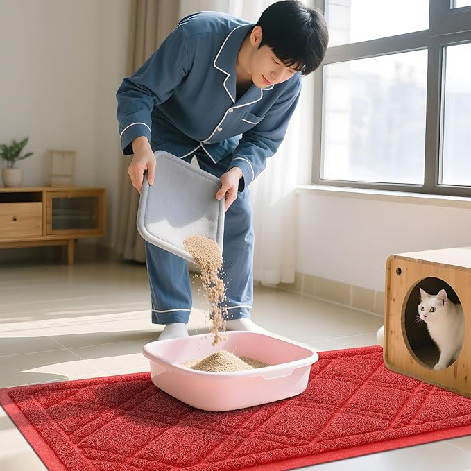 Smiry Cat Litter Box Mat 30x17, Non-Slip Water Resistant Litter Trapping Mat, Easy Clean Less Waste and Urine-Locking Cat Carpet for Indoor, Red