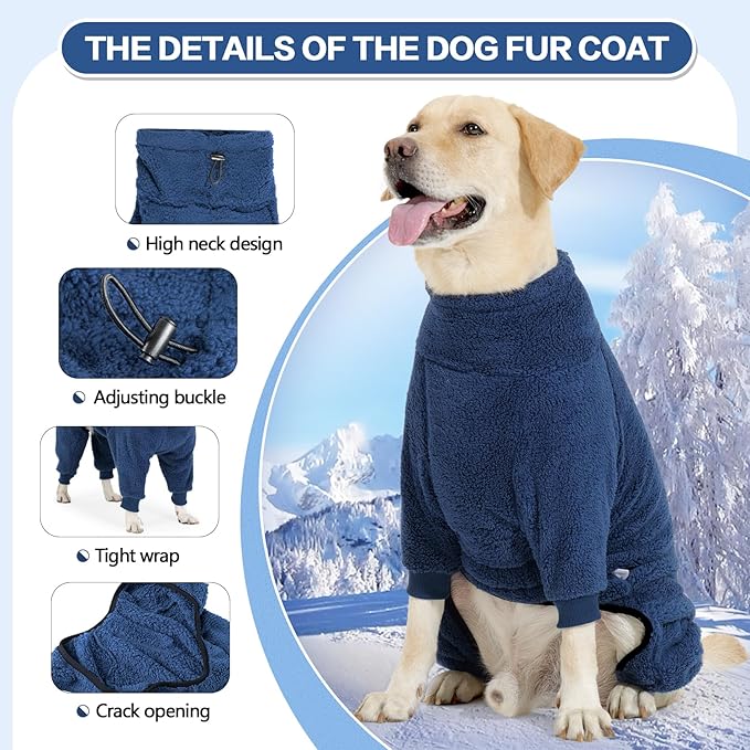 Dog Winter Coat, Warm Fleece Dog Jacket, Windproof Pullover Jumpsuit, Full Body Pajamas Onesie, Cold Weather Clothes for Medium Large Dog(Large,NavyBlue)