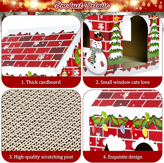Cinrobiye Christmas Cardboard Cat House with Scratcher Pet Gingerbread Board Bed Cave Playhouse Hideaway Hideout Condo Decor Small Animals Scratch Box for Indoor Cats Kittens Rabbits Bunny (Red, 1)