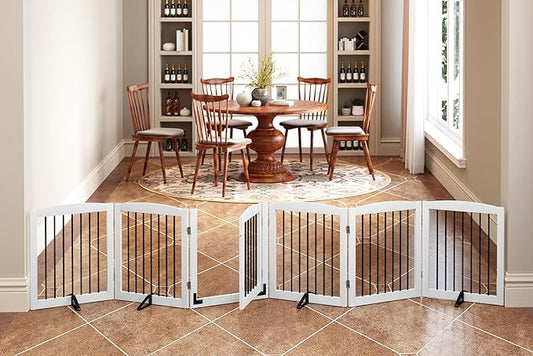 Freestanding Pet Gates with Walk Through Door, Dog Indoor Fence, Dog Gate for The House, Stairs, Extra Wide Pet Gate, Support Feet Included, 120 Inch Wide, 6 Panels 24" Tall, White & Black