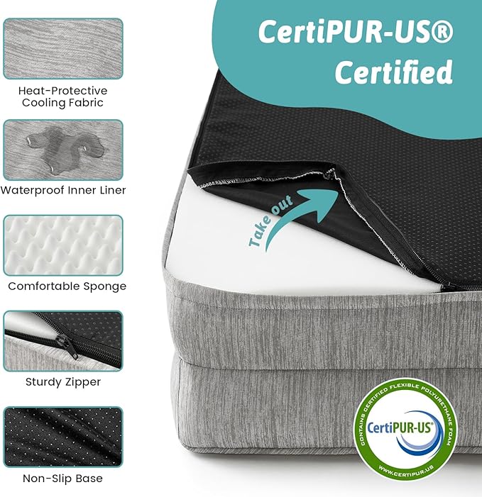 Cooling Dog Bed, Orthopedic Foam Dog Bed with Sides, Removable Washable Cover & Waterproof Lining and Nonskid Bottom, Comfortable Pet Beds for Small Dogs, Grey (30" L x 20" W x 6" Th)