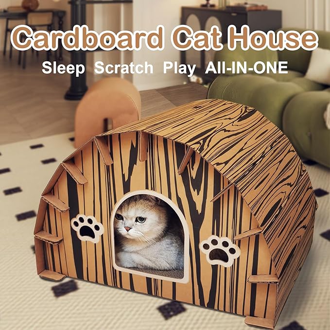 Forest Lodge Cardboard Cat House with Built-in Scratchers - 20 x 16 x 13 Inch Eco-Friendly Indoor Hideout for Cats and Small Animals