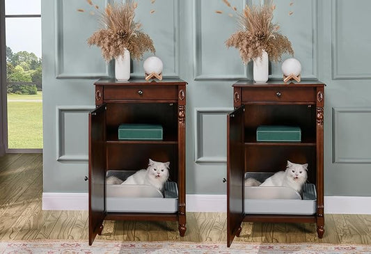 2-Set Solid Wood Cat Litter Box Enclosure, Hidden Litter Box Furniture, Wooden Pet House Storage Cabinet, Wooden Floor Cabinet for Hallway, Entryway or Living Room Home Decor, Cherry Walnut
