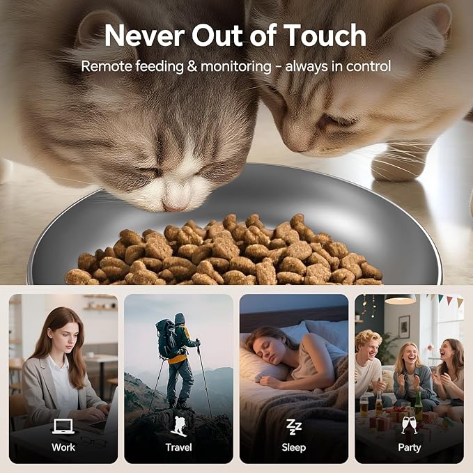 Automatic Cat Feeder with Dual 2K HD Camera, Smart Pet Food Dispenser for Timed Meals, APP Control Laser Interactive Toy Treat Feeders with 2.4G / 5G WiFi, White