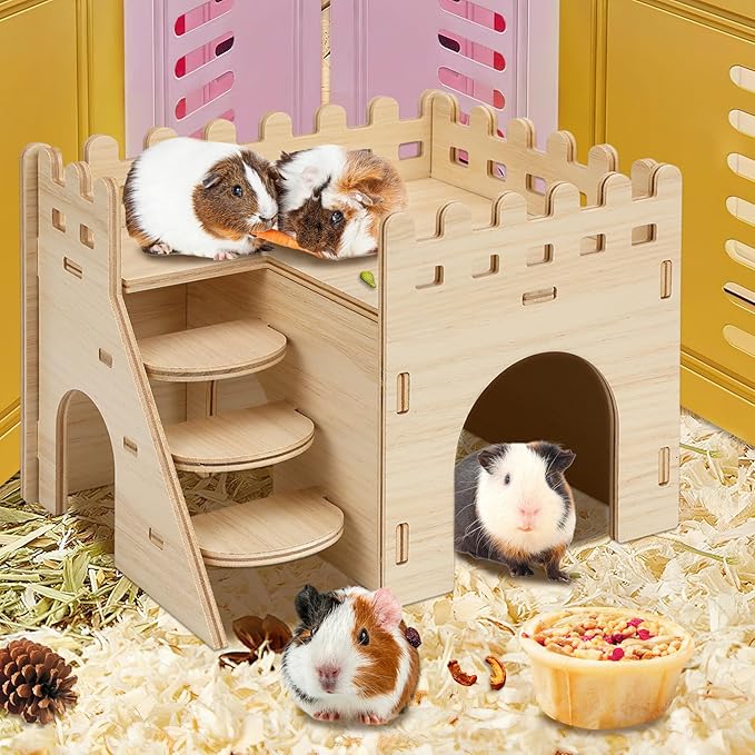 2 Pack Hamster Houses and Hideouts, Easy to Assemble Wooden Hamster Castle Small Animal House Bed with Stairs