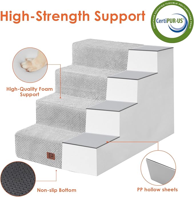 EHEYCIGA Dog Stairs for Bed 20" H, 4-Step Extra Wide Dog Steps for High Bed, Pet Steps for Small Dogs and Cats, Non-Slip Balanced Pet Ramp Indoor, Light Grey