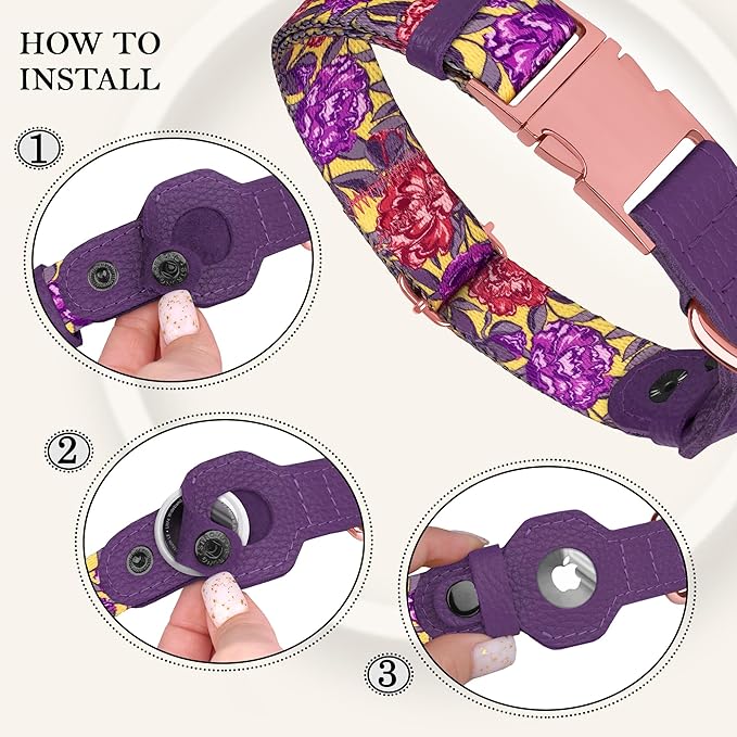 AirTag Dog Collar for Small Medium Large Breed - Adjustable Cute Pattern Dog Collar with Airtag Holder - Soft Leather Tracker GPS Apple Air Tag Pet Collars (Medium, 14"-18" Neck Fit, Peonies)