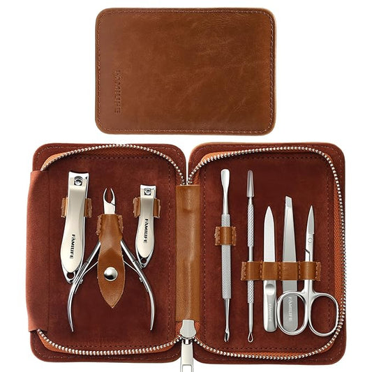FAMILIFE Manicure Set, Nail Clippers Pedicure Tool, 8 pcs Stainless Steel Manicure Kit Professional Grooming Tool, Nail Kit with Portable Brown Leather Travel Case Luxury Gifts for Men