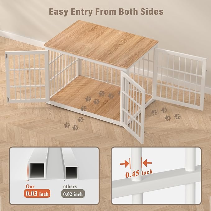 42 Inch Heavy Duty Dog Crate Furniture for Large and Medium Dogs, Decorative Pet House End Table, Wooden Cage Kennel Furniture Indoor, Natural and White