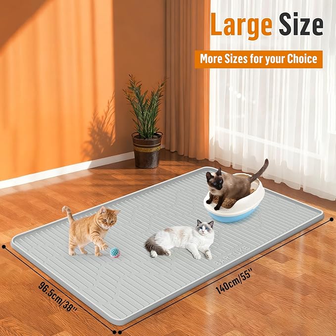Silicone Cat Litter Mat, 55" x 38" Extra Large Cat Litter Box Mat Litter Trapping Mat for Scatter Control, Waterproof, Soft on Kitty Paws, Clean Floor (Grey)
