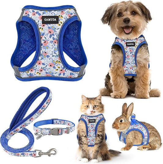 GAMUDA Small Dog Harness Collar and Leash Set, Step in No Chock No Pull Soft Mesh Adjustable Dog Vest Harnesses Plaid Reflective for Dogs Puppy Cats Kitten Rabbit (Blue Flower, XXS)