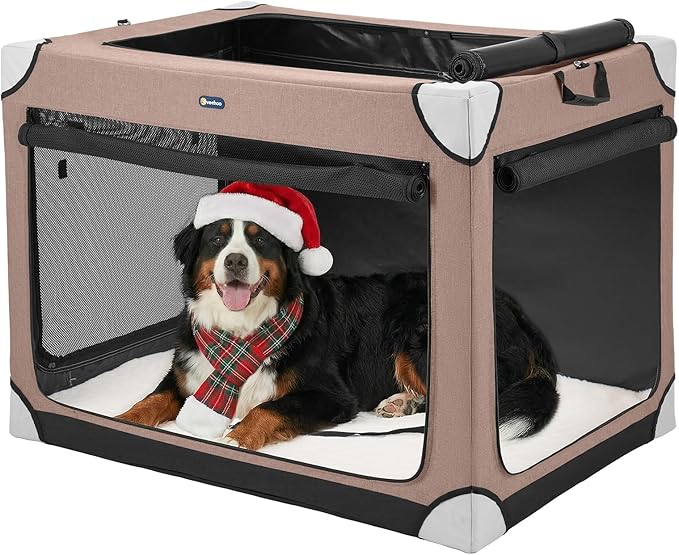 Veehoo Large Dog Crate for Indoor Outdoor, Portable Collapsible Travel Dogs Crate, 42 Inch Soft Foldable Pet Kennel with 4-Door Mesh Windows