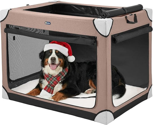 Veehoo Large Dog Crate for Indoor Outdoor, Portable Collapsible Travel Dogs Crate, 42 Inch Soft Foldable Pet Kennel with 4-Door Mesh Windows