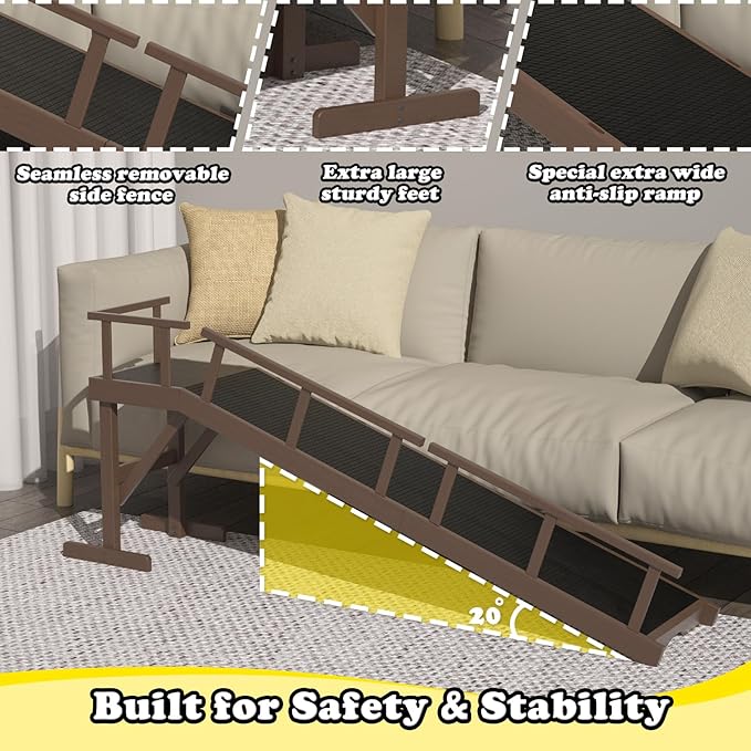 25" Height Dog Ramp for Bed, 73" Long Large Pet Ramp with Non-Slip Surface, Wooden Dog Ramp with Removable Rail & Rest Platform, Also as Dog Stairs for Small Senior Dogs with Glow Strips, Brown