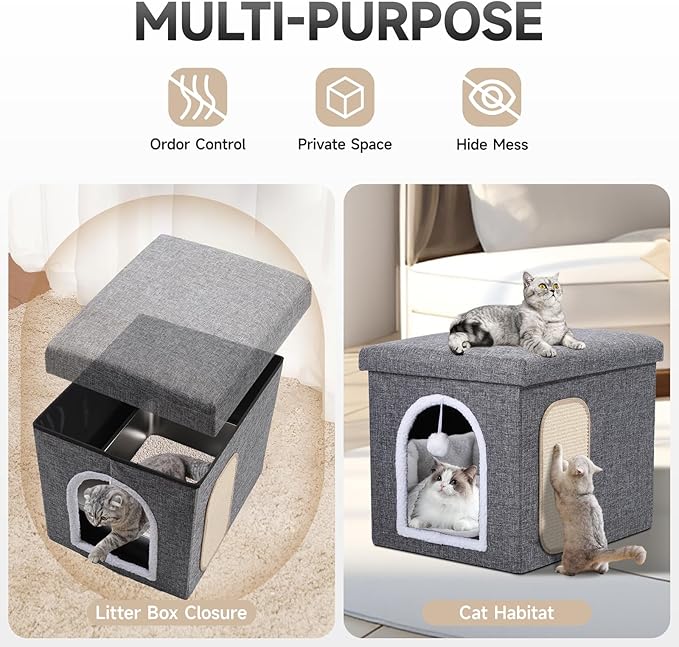 Cat Litter Box Enclosure Furniture, Foldable Hidden Litter Box with Mesh Storage Bag, Litter Box Furniture with Waterproof Inside, Easy Clean, Odor Control, Easy Assembly - 21.6”L x 17.7”D x 17.7”H