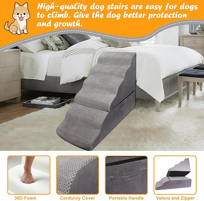 Dog Stairs&Steps for High Bed 30 Inches Tall Up to 30-36 Inch, Pet Dog Ramp Ladder for Small Dogs, Doggie, Old Cats, Kitty, Chihuahua Grey, No Assembled Required