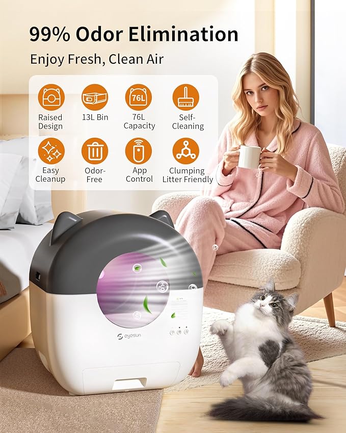 Self Cleaning Litter Box,76L Automatic Cat Litter Box Self Cleaning with APP Control,Low Noise,Safety Protection,Roll Garbage Bags,Deodorizer and Cleaning Brush for Multiple Cats,Xmas