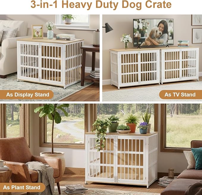 42" Furniture Style Large Dog Crate with Wheels, Metal Chew-Resistant Dog Kennel Indoor for Large & Medium Dogs, 41.9" W x 28.3" D x 31.7" H, Decorate House as TV Stand, End Table — Natural and White