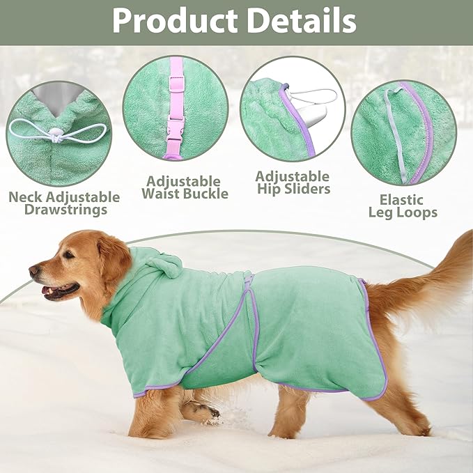Dog Bathrobe Super Absorbent Towel Robe - Microfiber Bath Towels Fast Drying Coat for Dogs, Cute Dogs Clothes Adjustable Collar & Belly Strap Warm Keeping Hooded Dog Towel (Light Green, XX-Large)