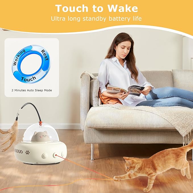 hooroor 2-in-1 UFO Laser Cat Toy with Feather, Automatic Motion Smart Sensor Interactive Toy for Indoor Cats & Small Dogs, Rechargeable 360° Obstacle-Avoidance Exercise Toy, Fun Self-Play Pet Gift