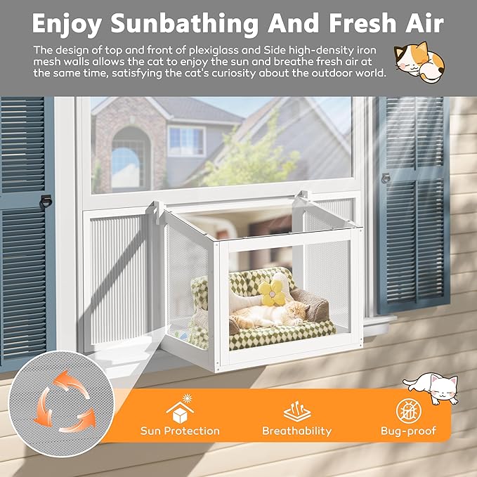BlueWish Catio Outdoor Cat Enclosure, Cat Window Perch with Waterproof Transparent Top Fits Vertical Window Frames 26" to 42" Wide, Window Box for Sunbathing, Napping & Overlooking