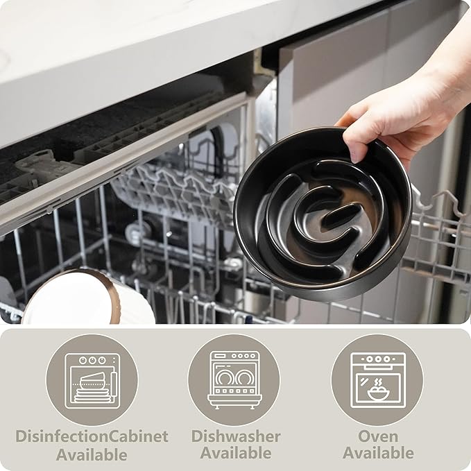 Ceramic Slow Feeder and Water Bowl Set for Small Dogs, 6.0inch Ceramic Dog Bowls Elevated with Wooden Stand, 0.6 Cups Dog Slow Feeder(14oz) and 30oz Water Bowl Set, Black