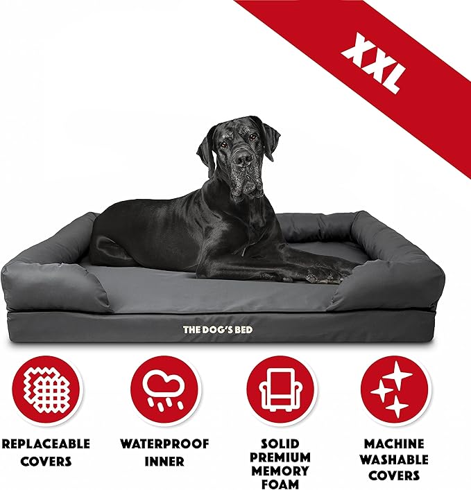 The Dog’s Bed, Dog Bed XXL Grey, Memory Foam, Pain Relief: Arthritis, Hip & Elbow Dysplasia, Post Surgery, Lameness, Supportive, Calming, Waterproof Washable Cover, Veterinary Approved