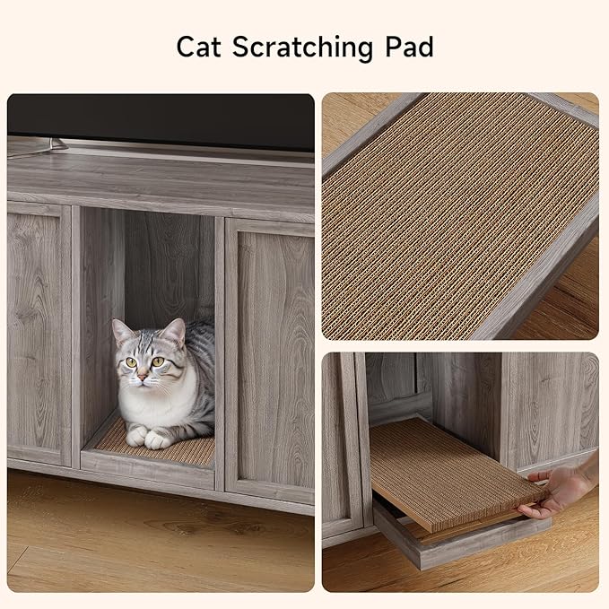 ONBRILL 59 Inches Cat Litter Box Enclosure for 2 Cats, Hidden Litter Boxes Furniture with Cat Scratch Pad, Large Indoor Pet House with Double Room, Wooden TV Stand Side Table, Grey